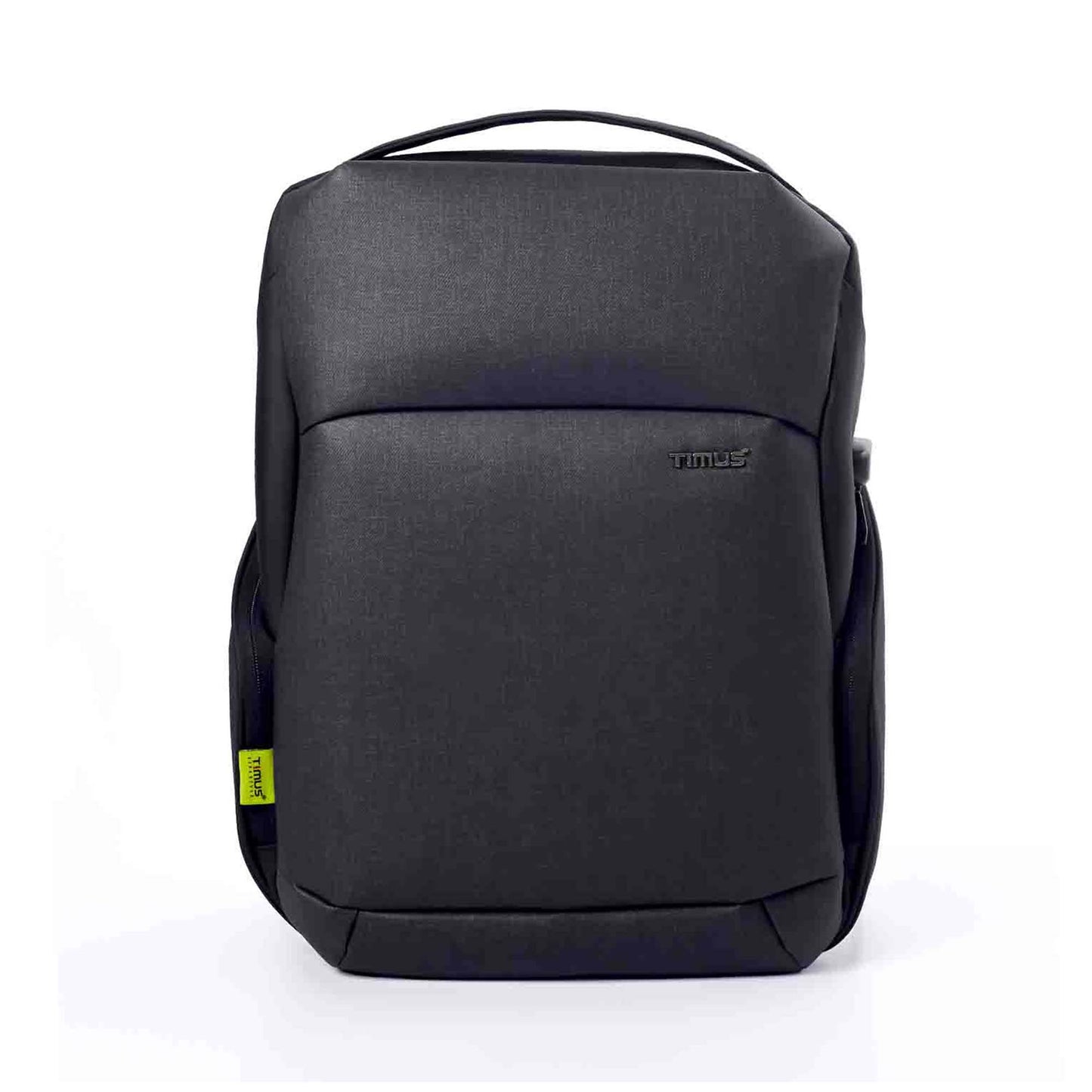 Front view of the black Madrid Laptop Backpack by Timus, showcasing its minimalist and professional design with subtle branding and a clean finish.
