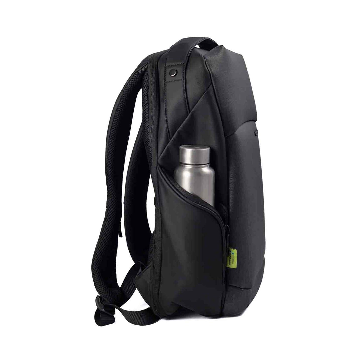 Right side view of the black Madrid Laptop Backpack by Timus, featuring a zippered side pocket holding a metal water bottle with brand tag and padded shoulder straps for comfort.