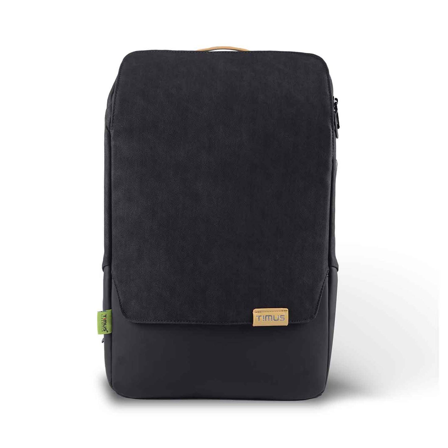Front view of black Timus Magnet Overnighter professional backpack showing smooth textured flap with leather-like bottom, Timus leather logo patch, green Timus tag on the side, and top handle against a white background.