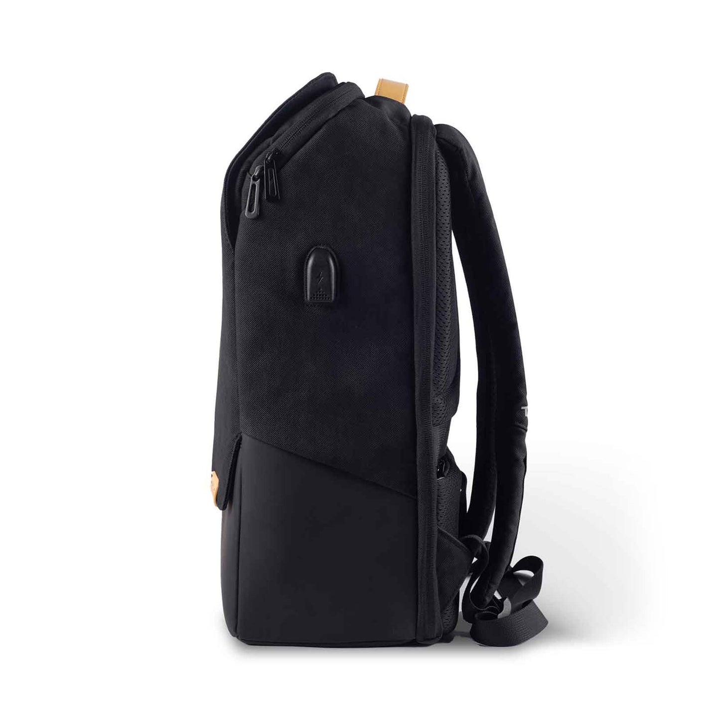 Left side view of the Timus Magnet Overnighter backpack in black, showing the padded shoulder straps, a USB charging port on the side, and a leather top handle. The bag is standing upright on a white background.