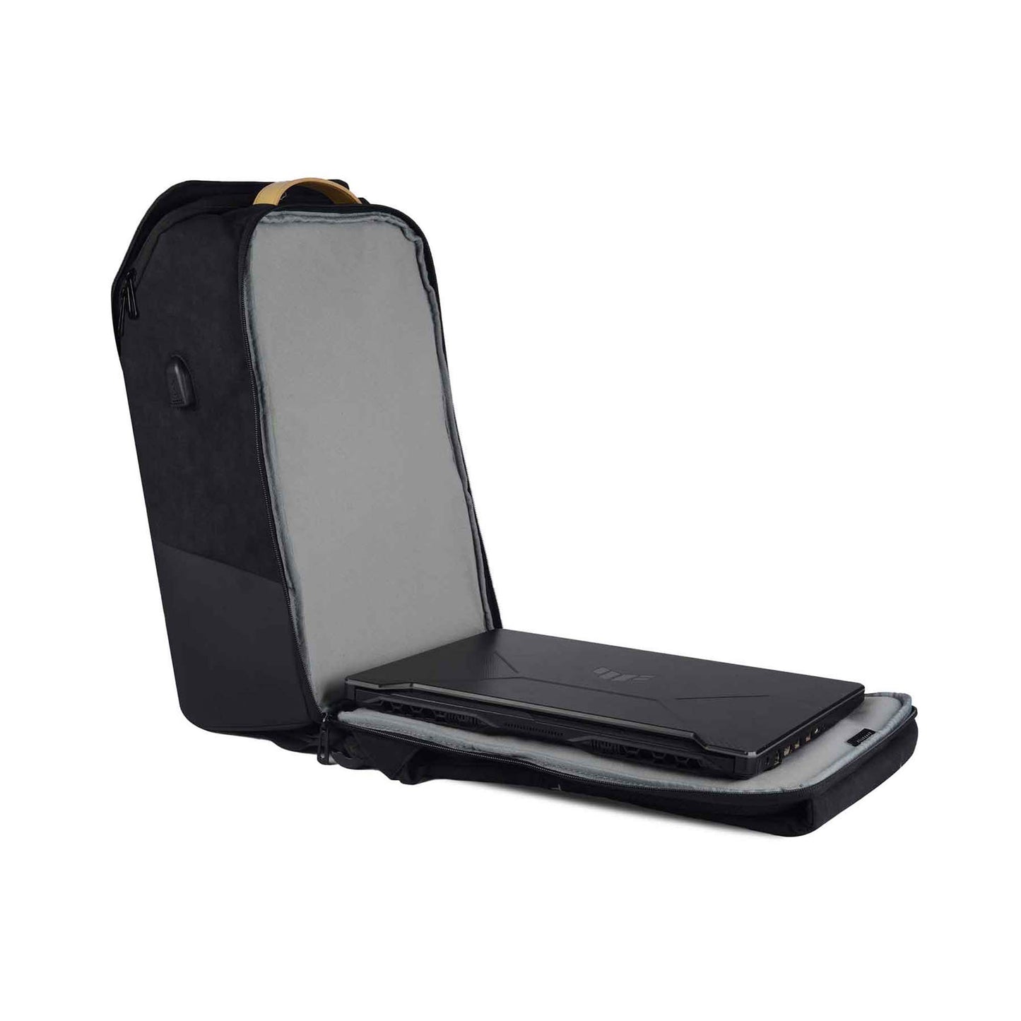 Open view of black Timus Magnet Overnighter professional backpack showing fully unzipped main compartment with padded interior laptop sleeve containing a laptop, and spacious inner lining against a white background.