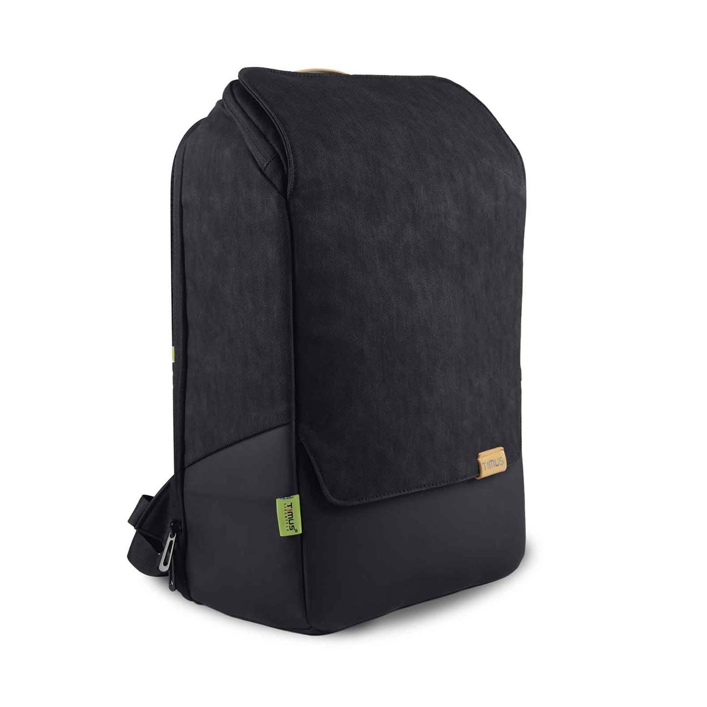 Right front angled view of the black Timus Magnet Overnighter backpack, showing its sleek design with a flap cover and textured fabric with brand tag at bottom.