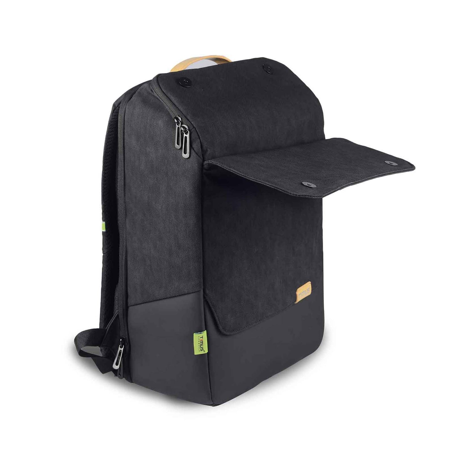 Right front angled view of the Timus Magnet Overnighter backpack with its front flap open, showing the flap secured by magnetic buttons. The backpack is black with a tan leather handle and a green Timus tag on the side, set against a white background.