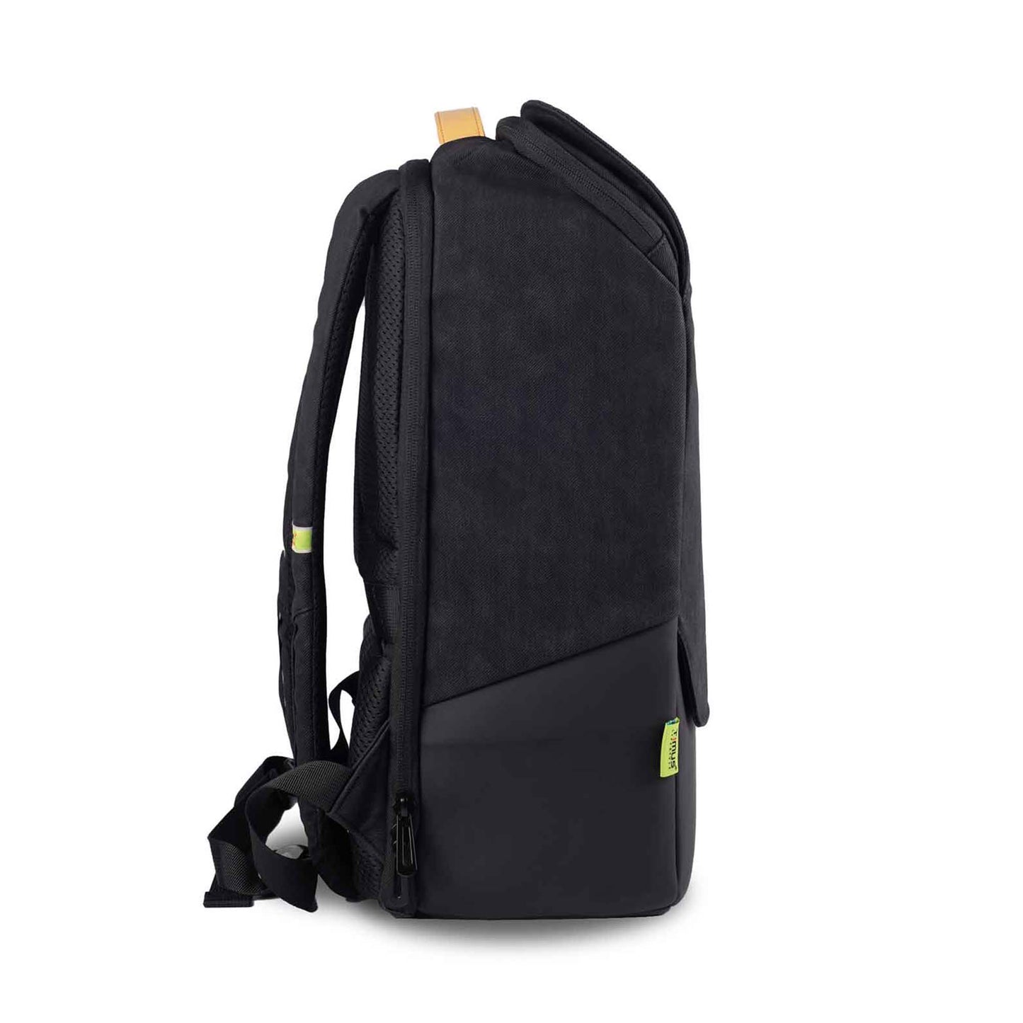 Right side view of the Timus Magnet Overnighter backpack in black, showing the slim profile with a black fabric upper section and smooth black lower section. The backpack features a tan leather handle on top and a green Timus tag on the lower right side and shoulder straps.