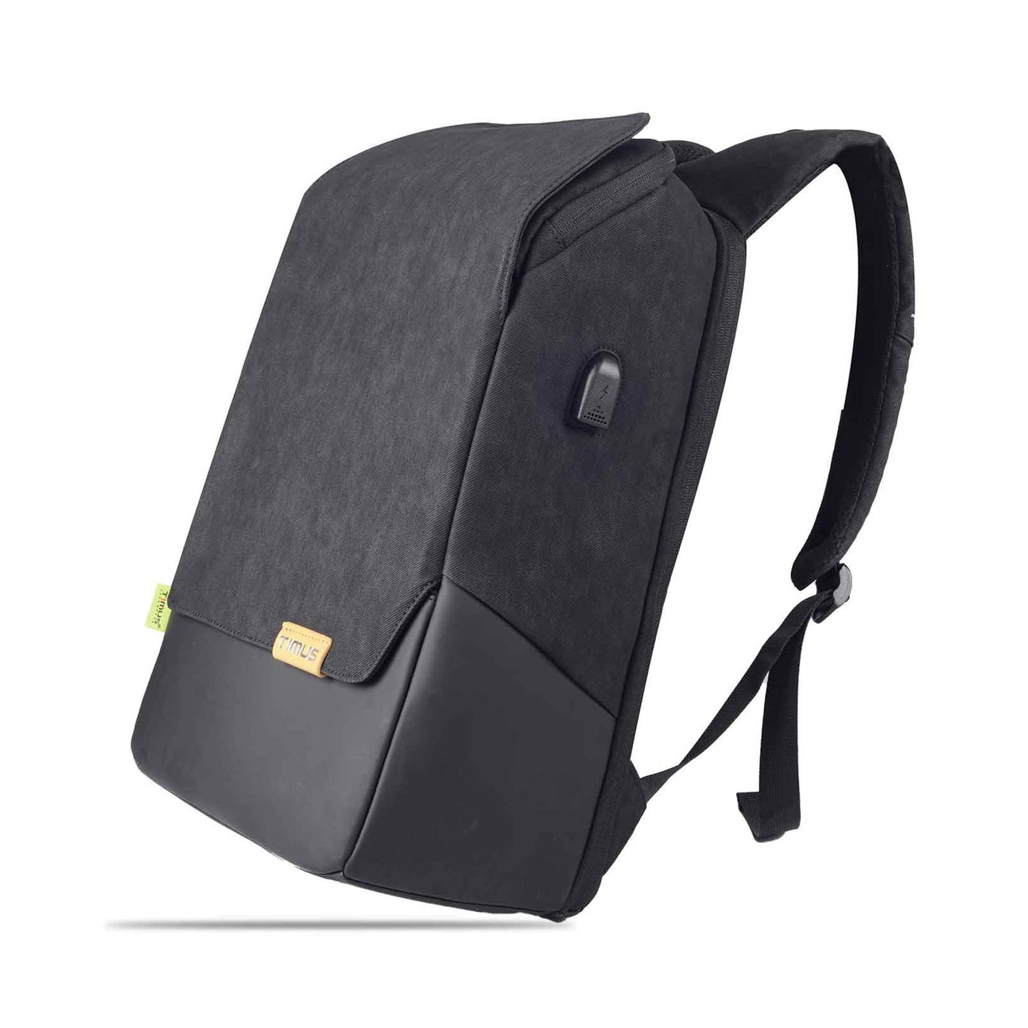 Side rotated angle view of black Timus Magnet Overnighter professional backpack showing textured fabric flap, leather-like bottom, USB charging port on the side, padded shoulder straps, and green Timus tag on a white background.