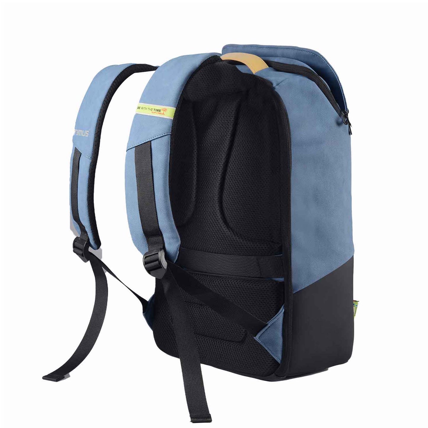 Back right angled view of the Timus Magnet Overnighter backpack in blue showing padded shoulder straps, black mesh back padding, adjustable straps, and tan leather handle.