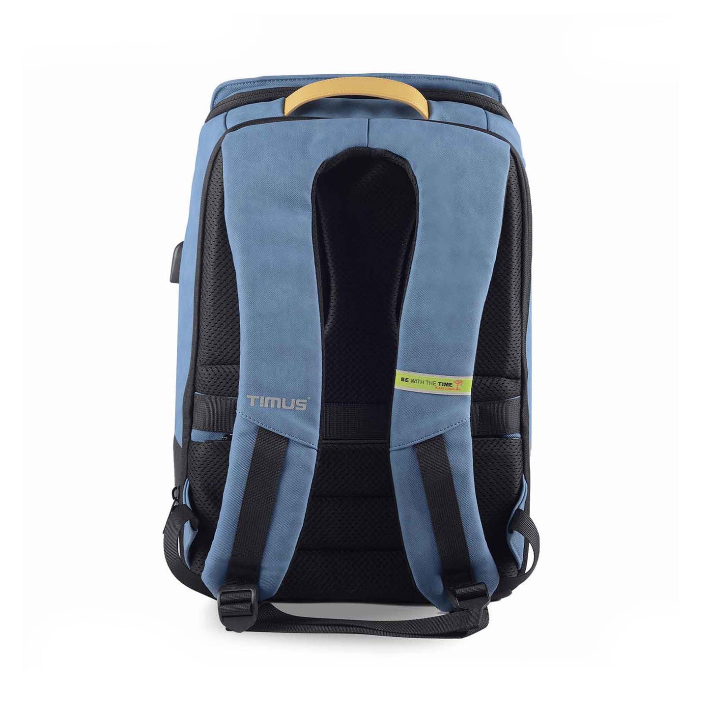 Back view of the Timus Magnet Overnighter backpack in blue showing padded shoulder straps with Timus logo and green tagline, black mesh back panel, and tan leather handle.