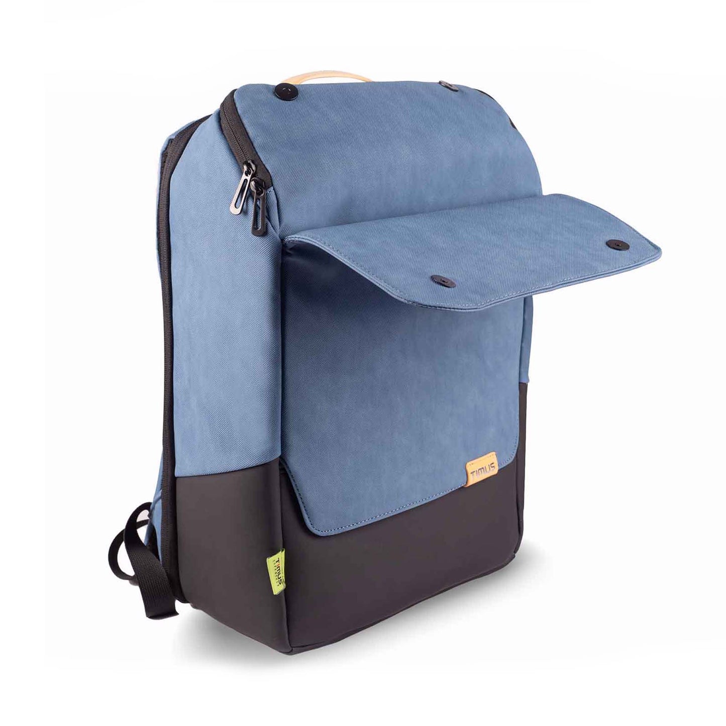 Front angled view of the Timus Magnet Overnighter backpack in blue, showing the front pocket flap open with magnetic button closures.