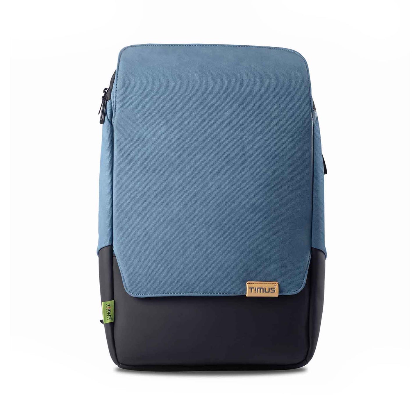 Front view of the Timus Magnet Overnighter backpack in blue, featuring a clean blue fabric upper, black lower section, front Timus logo, and green side tag.