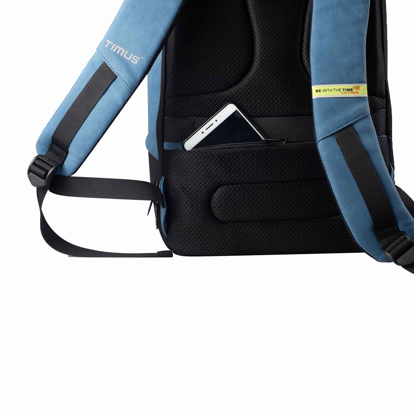Rear view of the Timus Magnet Overnighter backpack in blue showing a hidden back pocket storing a smartphone, padded back panel, and shoulder straps with Timus branding.