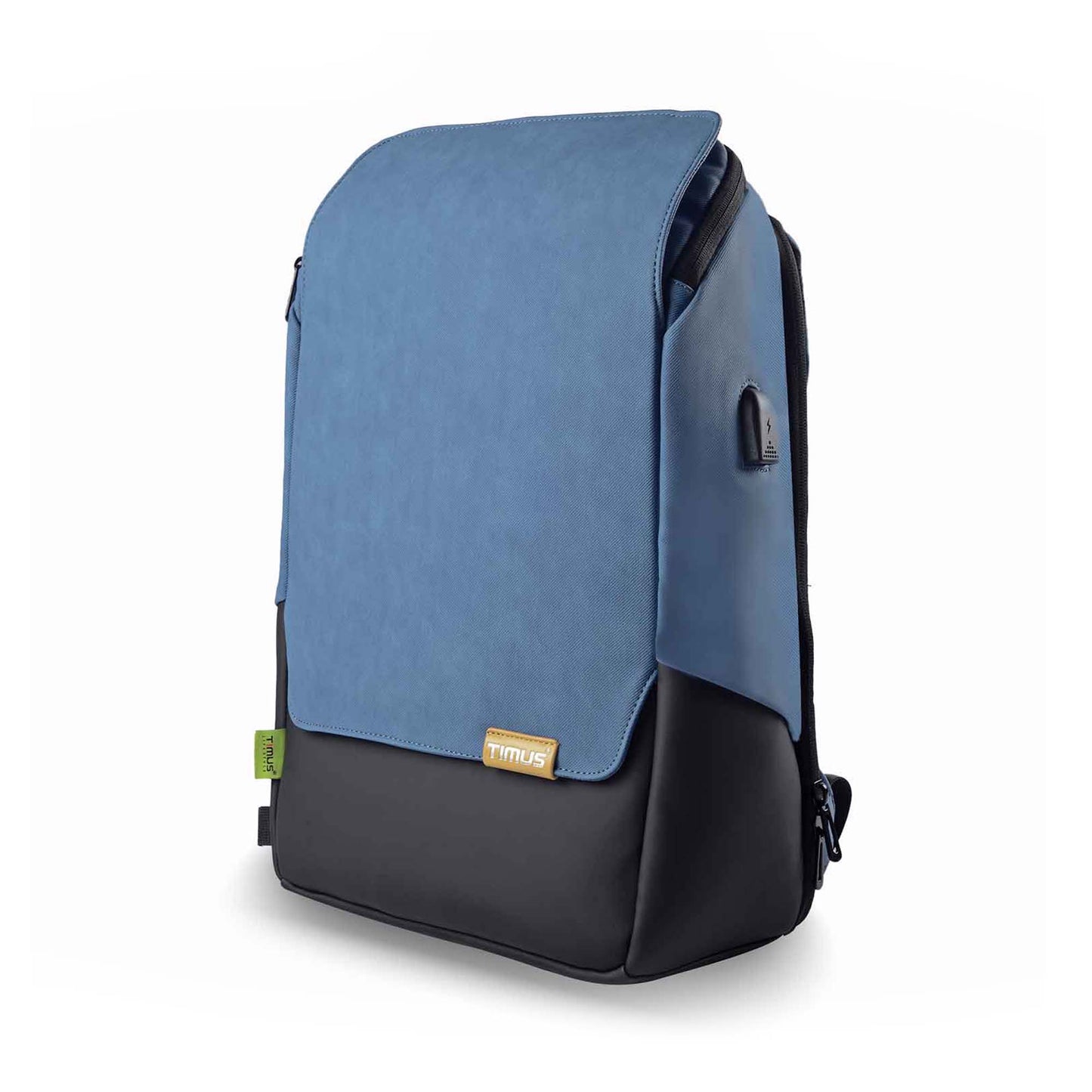 Left front angled view of the Timus Magnet Overnighter backpack in blue, featuring a blue fabric upper section with a Timus logo patch on the front flap, a smooth black lower section, tan leather handle on top, green Timus tag on the lower left, and photographed against a white background.