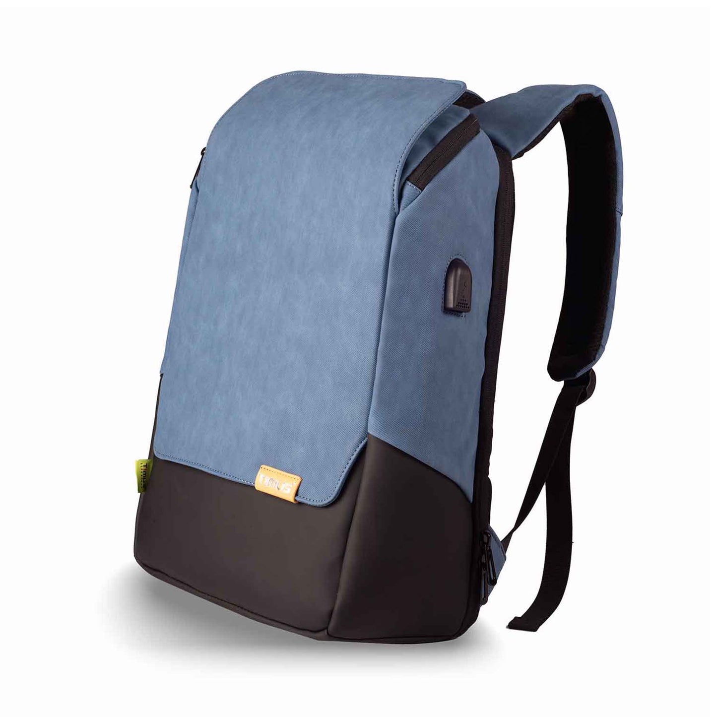 Left side rotated view of the Timus Magnet Overnighter backpack in blue, showing the blue fabric upper, black lower section, front Timus logo, green side tag, USB port, and padded shoulder straps.