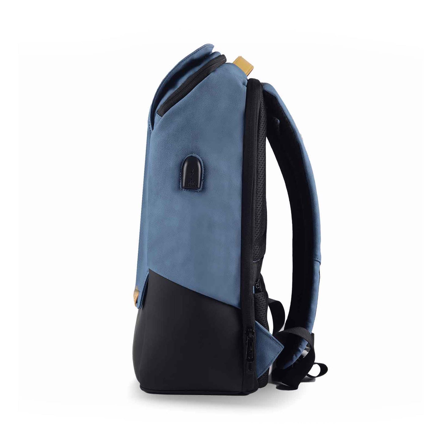 Left side view of the Timus Magnet Overnighter backpack in blue showing a slim profile with black lower section, USB port, padded shoulder strap, and tan leather handle.