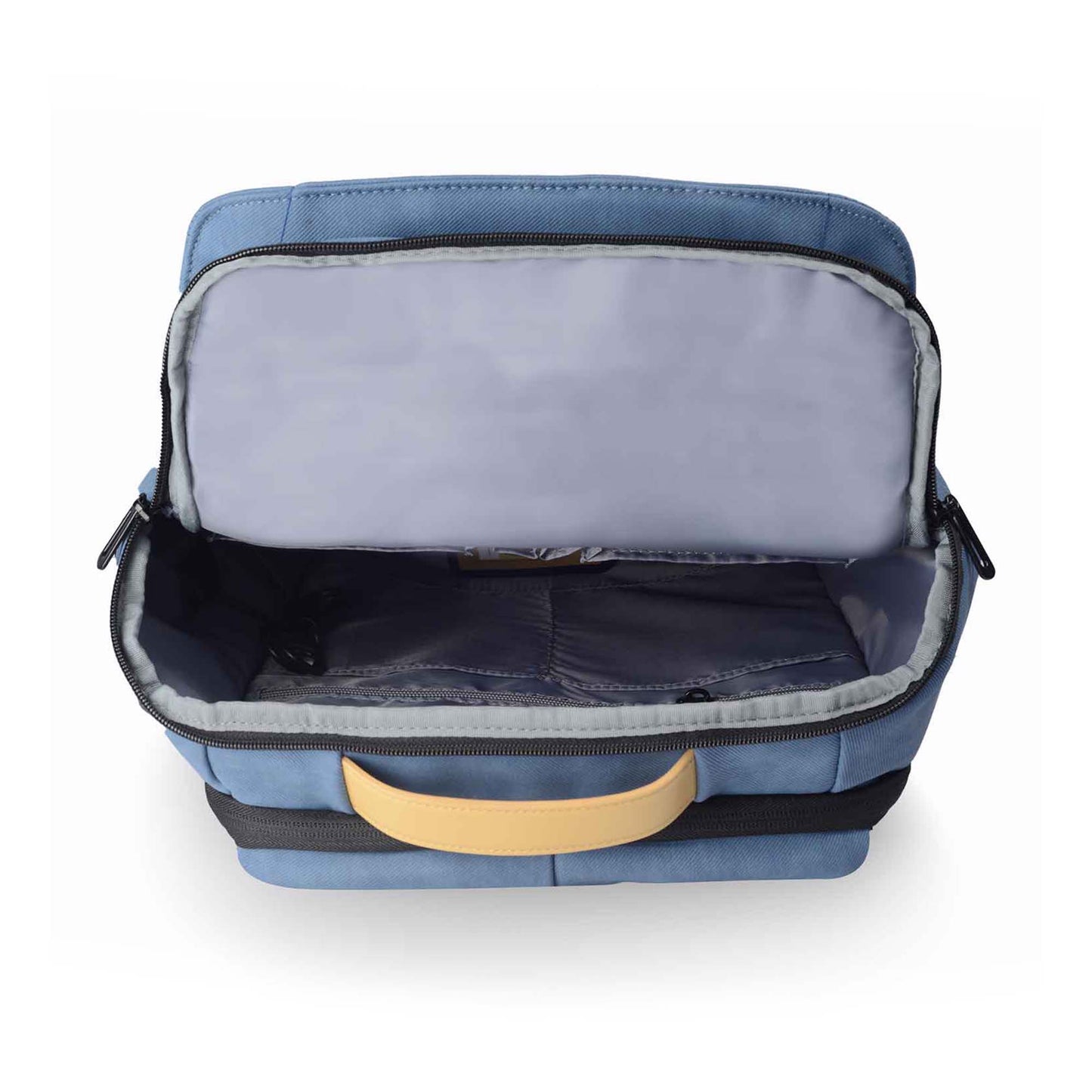 Open top view of the Timus Magnet Overnighter backpack in blue, showing spacious main compartment and tan carry handle.