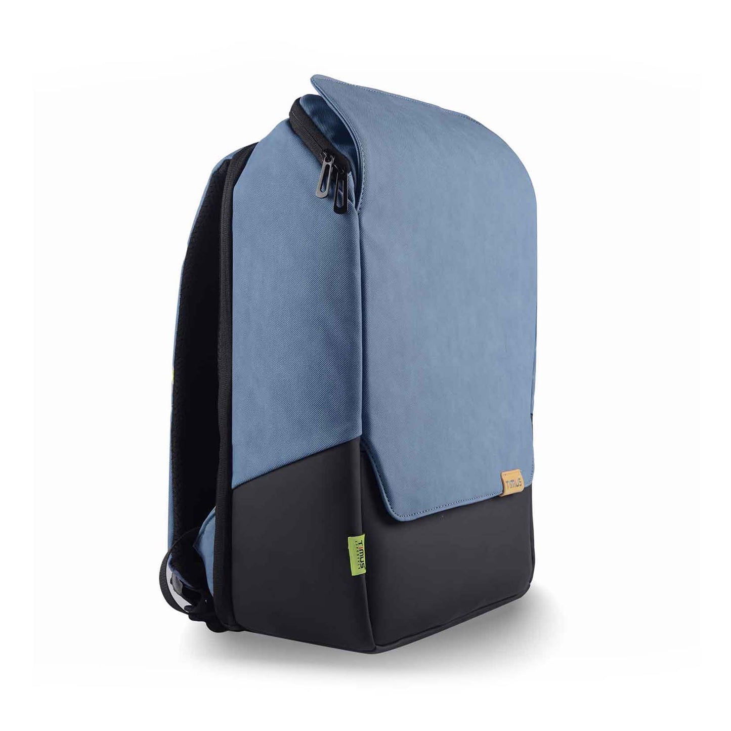 Right front angled view of the Timus Magnet Overnighter backpack in blue with the front flap closed, showing its sleek, minimalist design and green brand tag at the bottom.