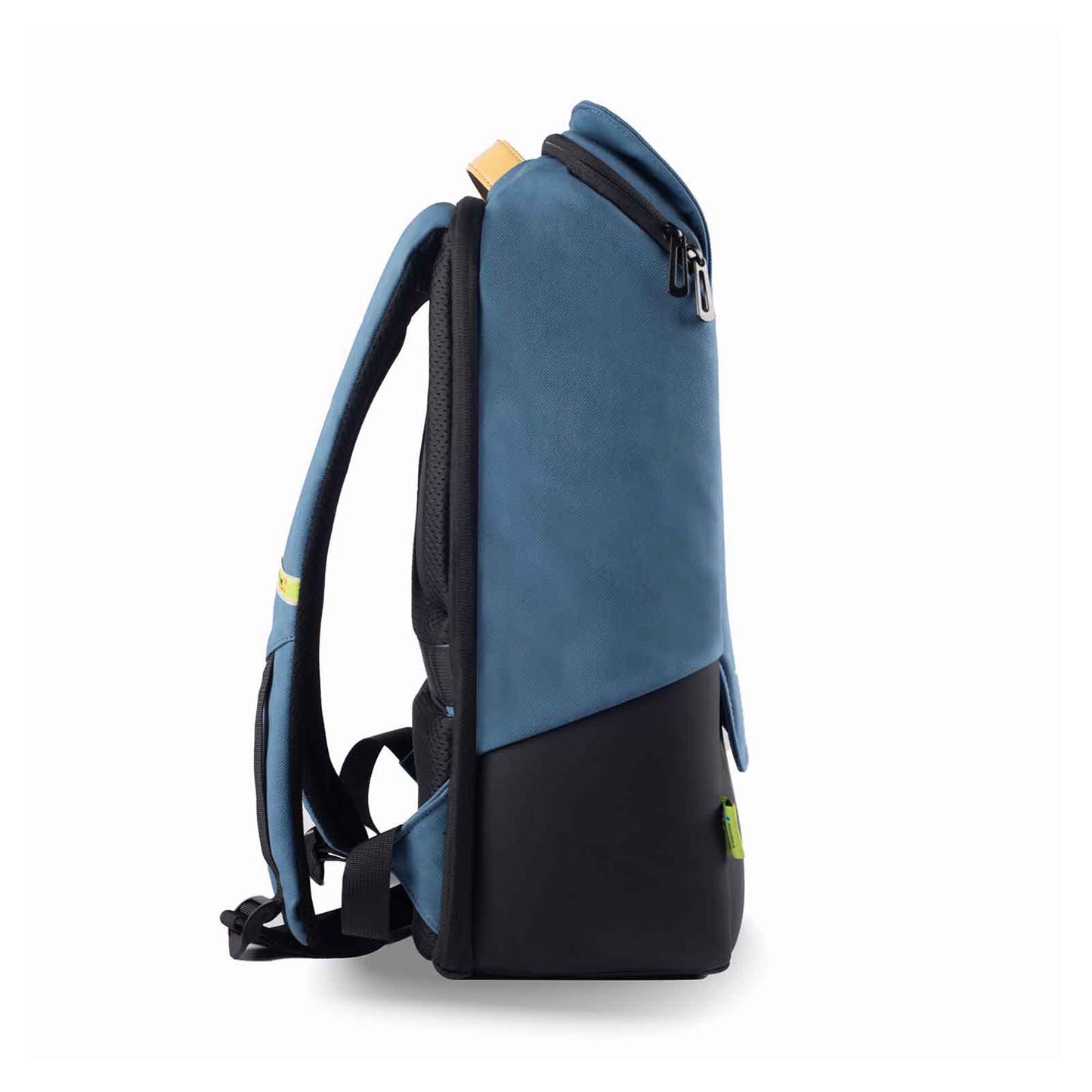 Right side view of the Timus Magnet Overnighter backpack in blue, showing the slim profile and padded shoulder straps.