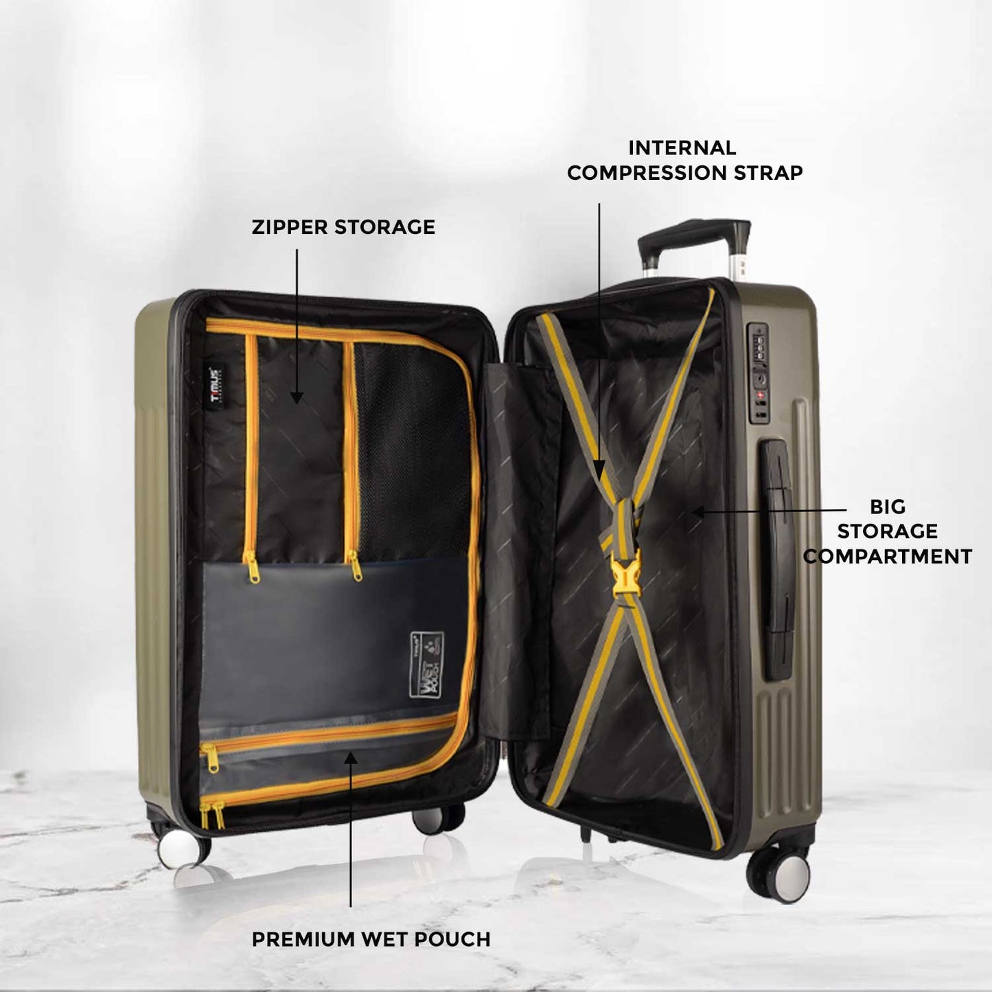 Open view of Timus Neolite olive green hard shell luggage showing big storage compartment with internal compression straps, zipper storage pockets, and premium wet pouch, featuring side handle and TSA lock.