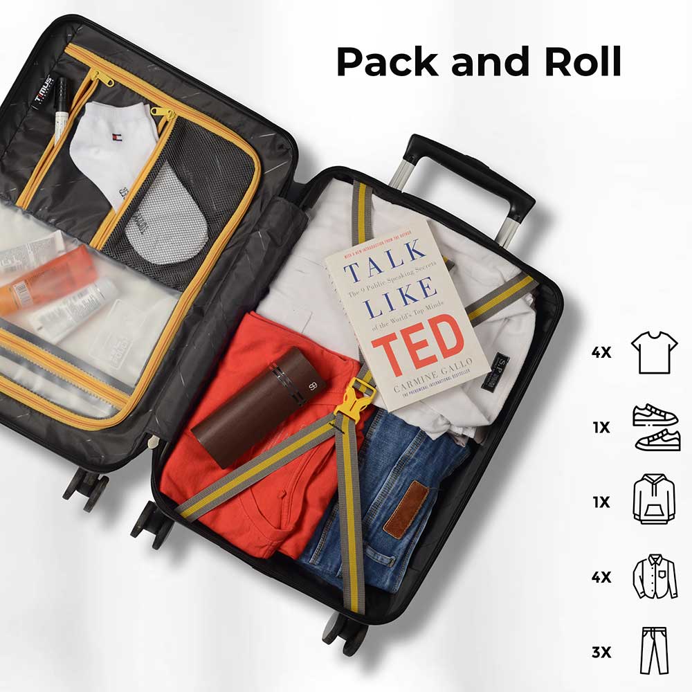 Open view of opened Timus Neolite olive green luggage showing organized packed compartments with clothes, shoes, and a book secured by internal compression straps.