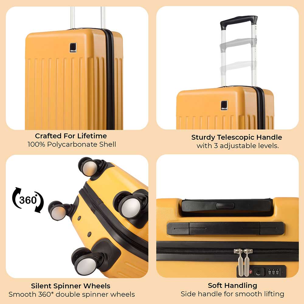 Collage showcasing key features of Timus Neolite yellow hard luggage including 100% polycarbonate shell, 3-level adjustable telescopic handle, smooth 360° double spinner wheels, side handle for easy lifting, and TSA lock.