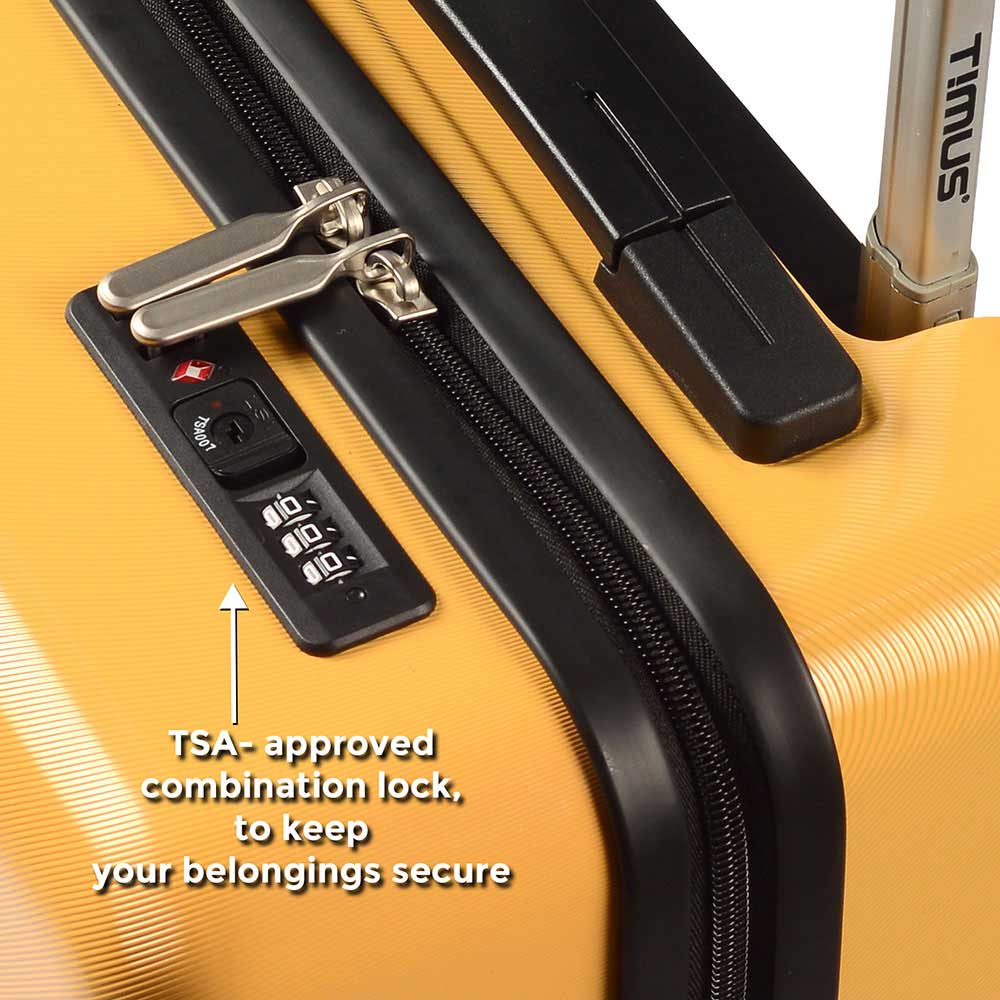 Close-up of Timus Neolite yellow hard shell luggage showing TSA-approved combination lock and closed zipper.