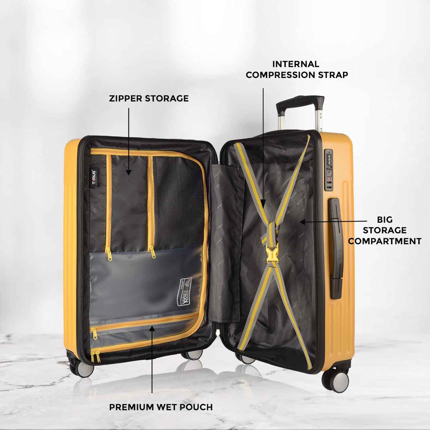Open view of Timus Neolite yellow hard shell luggage showing big storage compartment with internal compression straps, zipper storage pockets, and premium wet pouch, featuring side handle and TSA approved lock.