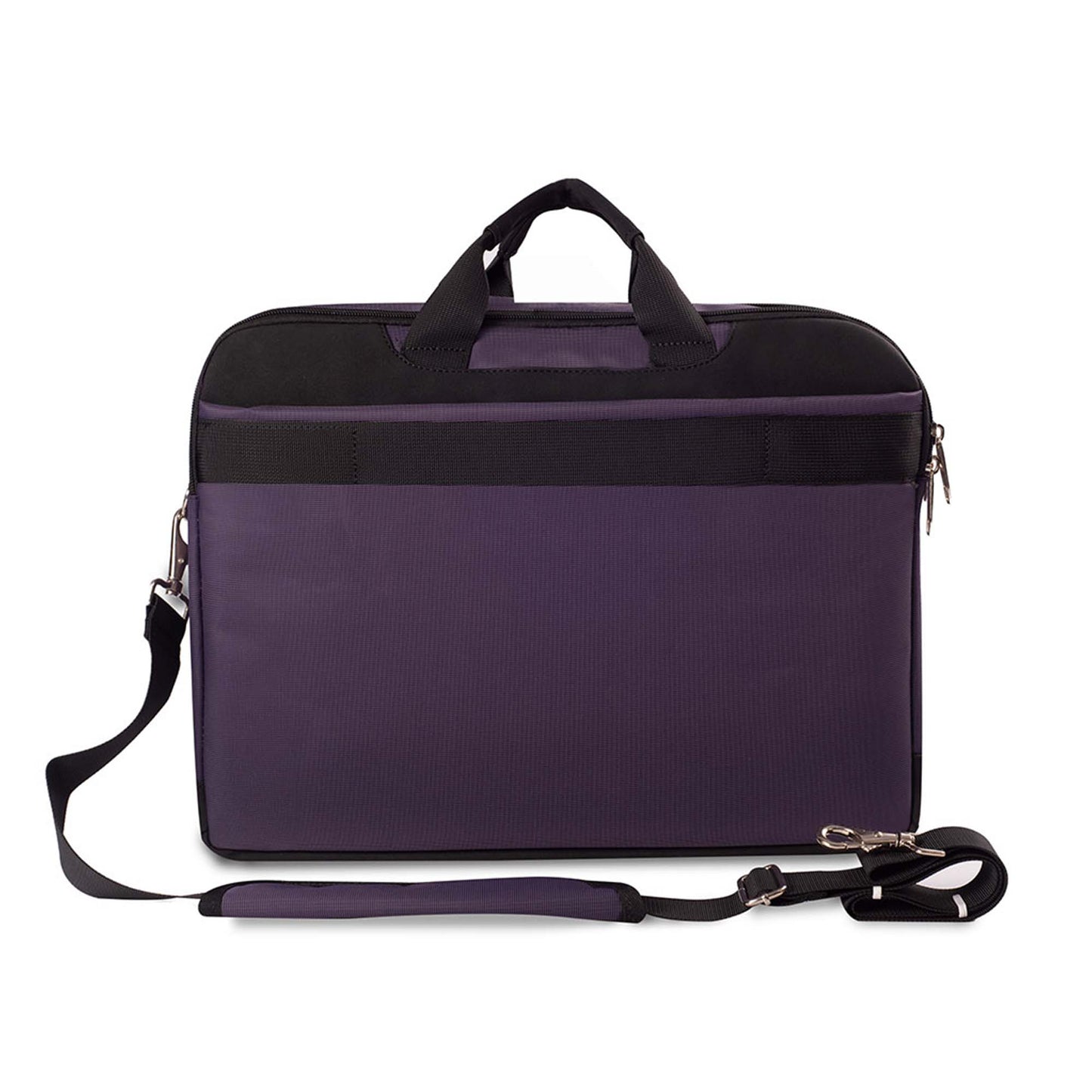 Backside view of purple Timus New York laptop carry-on bag showing smooth fabric surface, black top handle, wide horizontal strap for luggage attachment, and detachable shoulder strap with padded section on a white background.