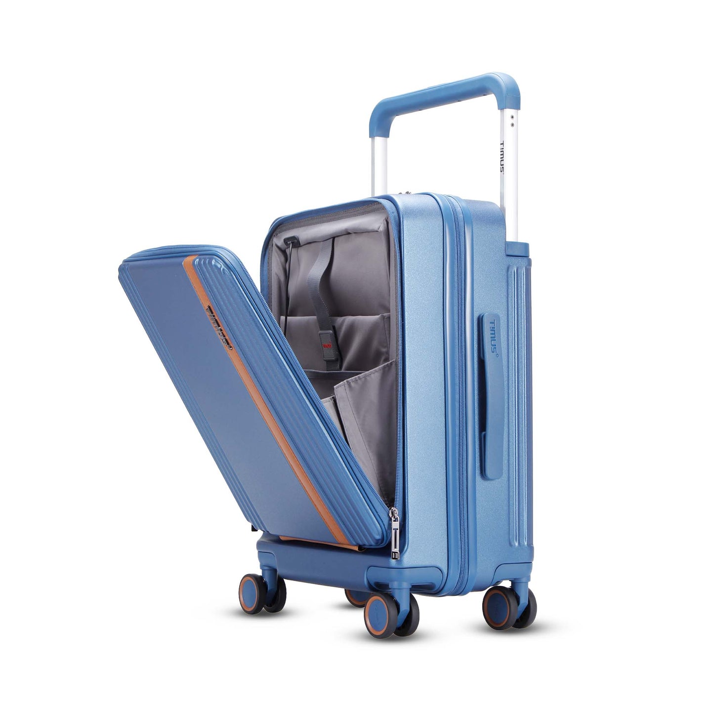 Timus Starlite blue cabin luggage with front laptop compartment open, lightweight hard-shell trolley bag with 360-degree spinner wheels and wide trolley handle.