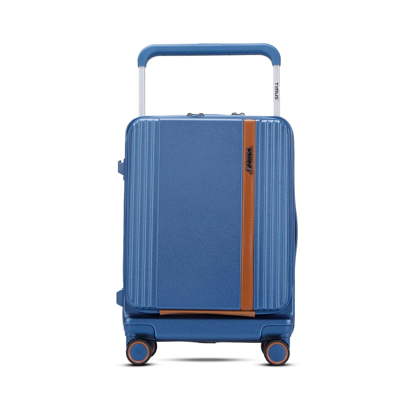 Front view of Timus Starlite blue cabin luggage with wide trolley handle, vertical ridged design, tan accent strip, 360-degree spinner wheels, and visible side hook.