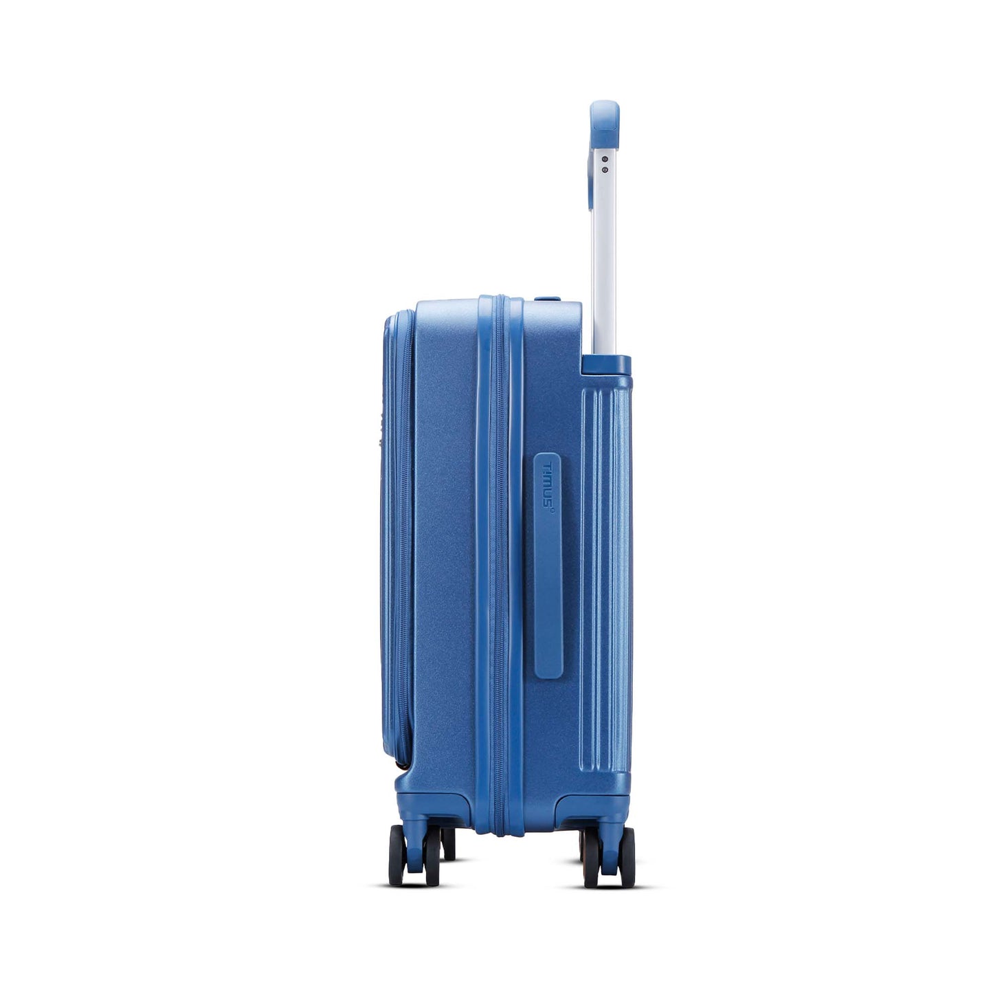Left side view of Timus Starlite blue cabin luggage showcasing sleek hard-shell design and durable side handle with featuring smooth 360-degree spinner wheels.