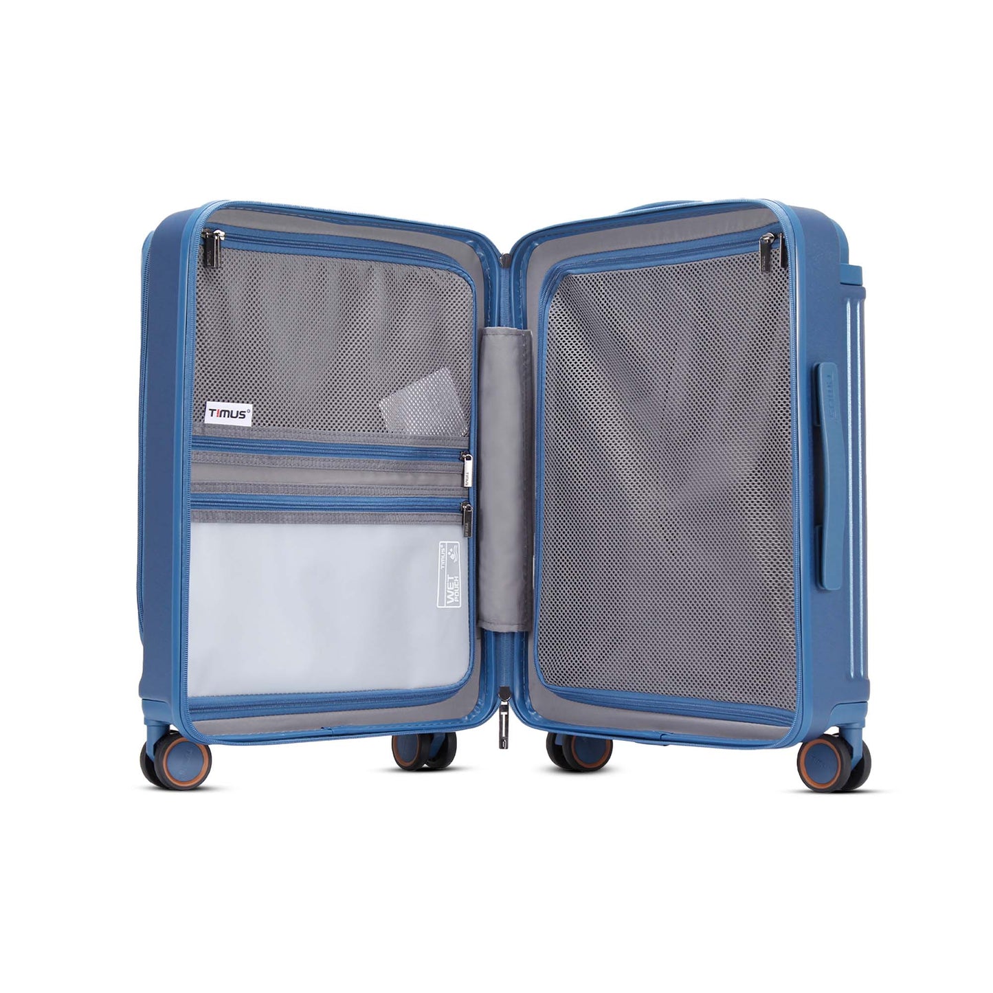 Open Timus Starlite blue cabin luggage showing spacious main compartment with zippered mesh divider, Timus tag inside, and organized interior storage.
