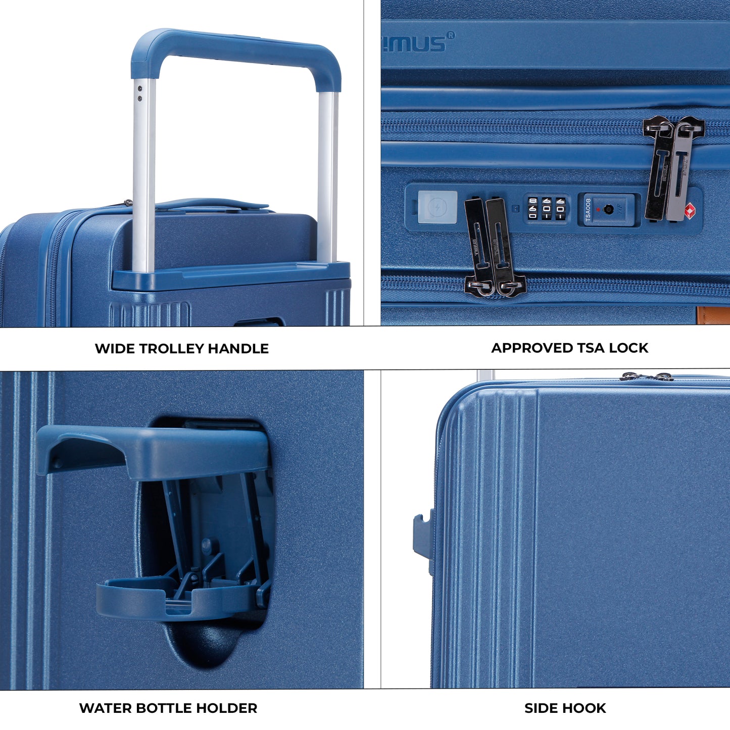 Collage of Timus Starlite blue luggage highlighting wide trolley handle, TSA-approved lock, bottle holder, and convenient side hook.