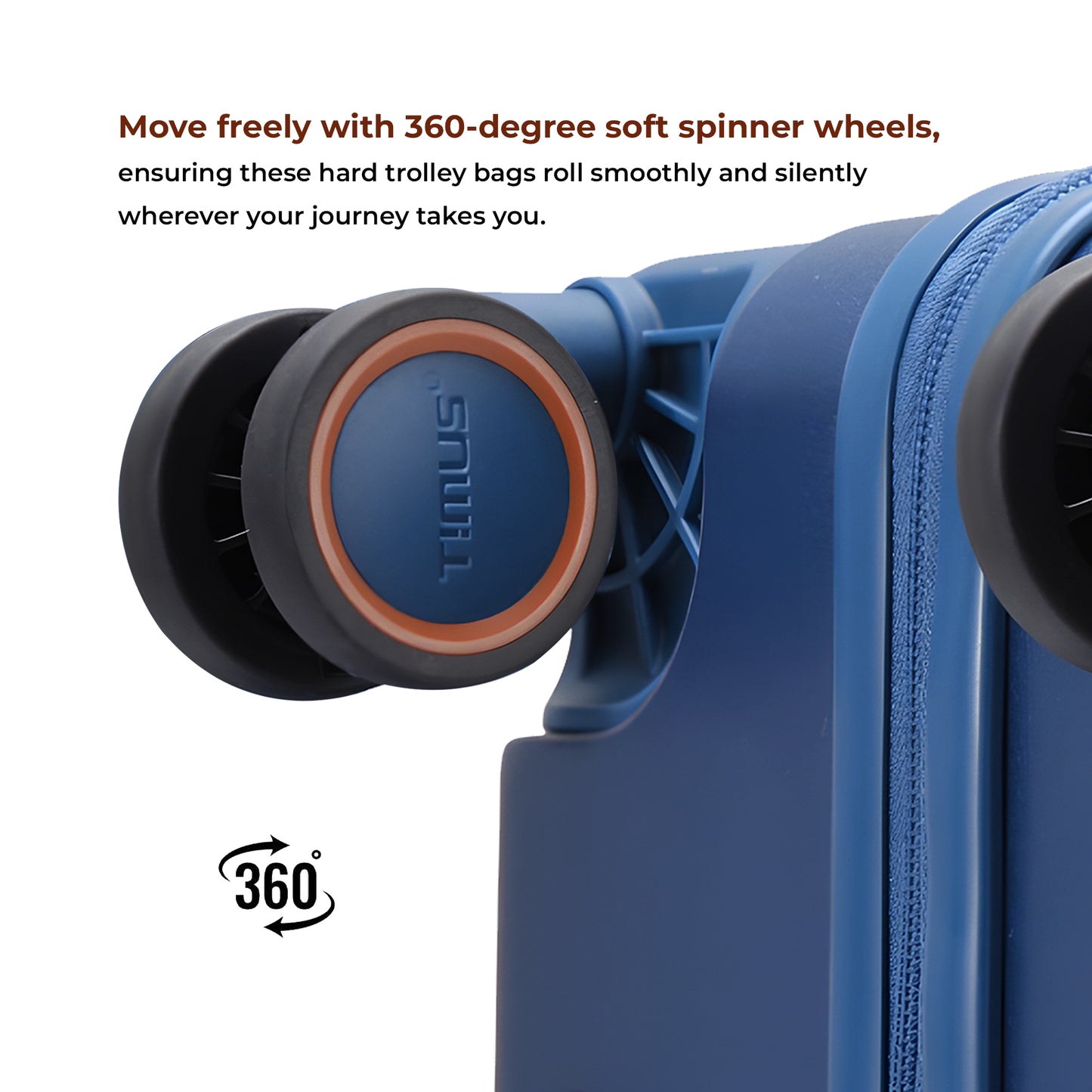 Close-up of 360-degree smooth spinner wheels on Timus Starlite blue luggage for effortless rolling and stability.