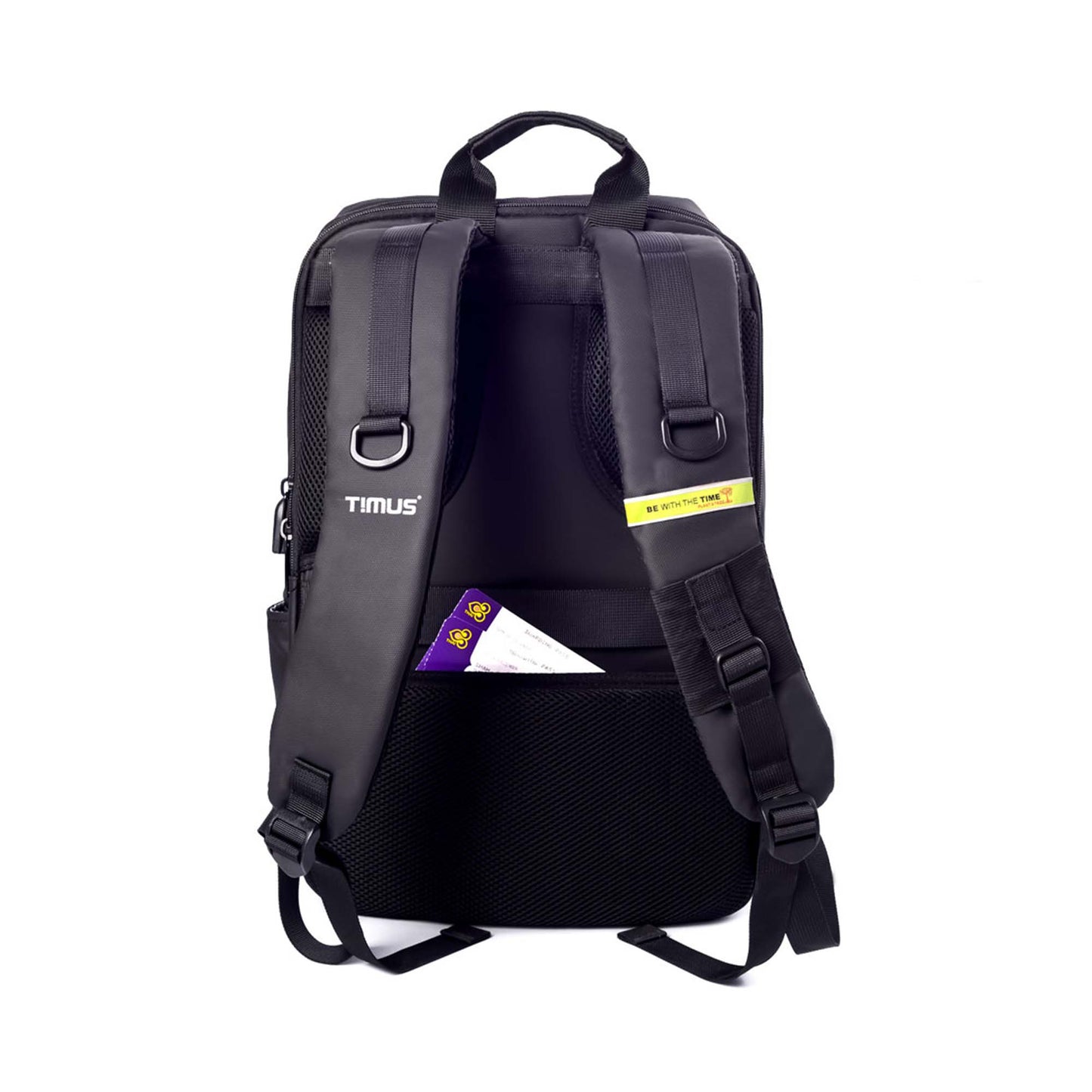 Backside view of Tokyo laptop backpack showing padded shoulder straps with TIMUS branding on the straps, and a hidden back pocket holding travel cards.