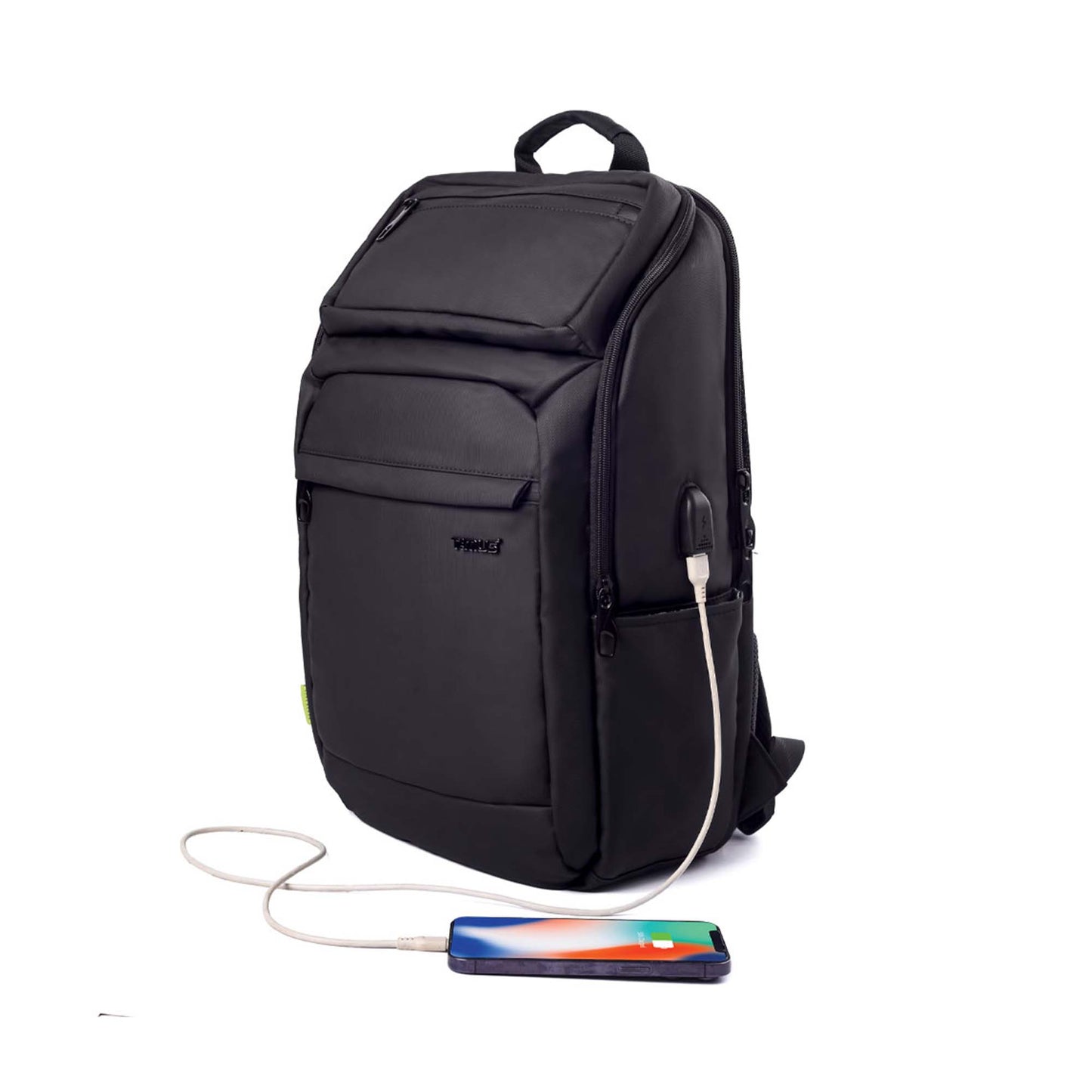 Black Tokyo laptop backpack shown from left front angled view with USB charging port on the left side and multiple zippered compartments.