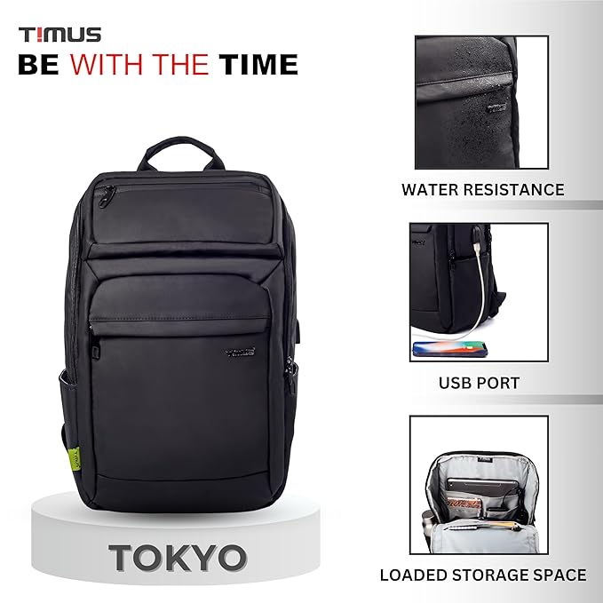 Timus Tokyo laptop backpack on pedestal with features highlighted: water resistance close-up, USB charging port with phone connected, and fully loaded interior storage space.