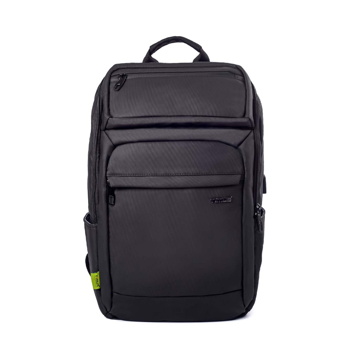 Front view of Tokyo laptop backpack featuring multiple zippered compartments, side pockets, and TIMUS brand logo in front.