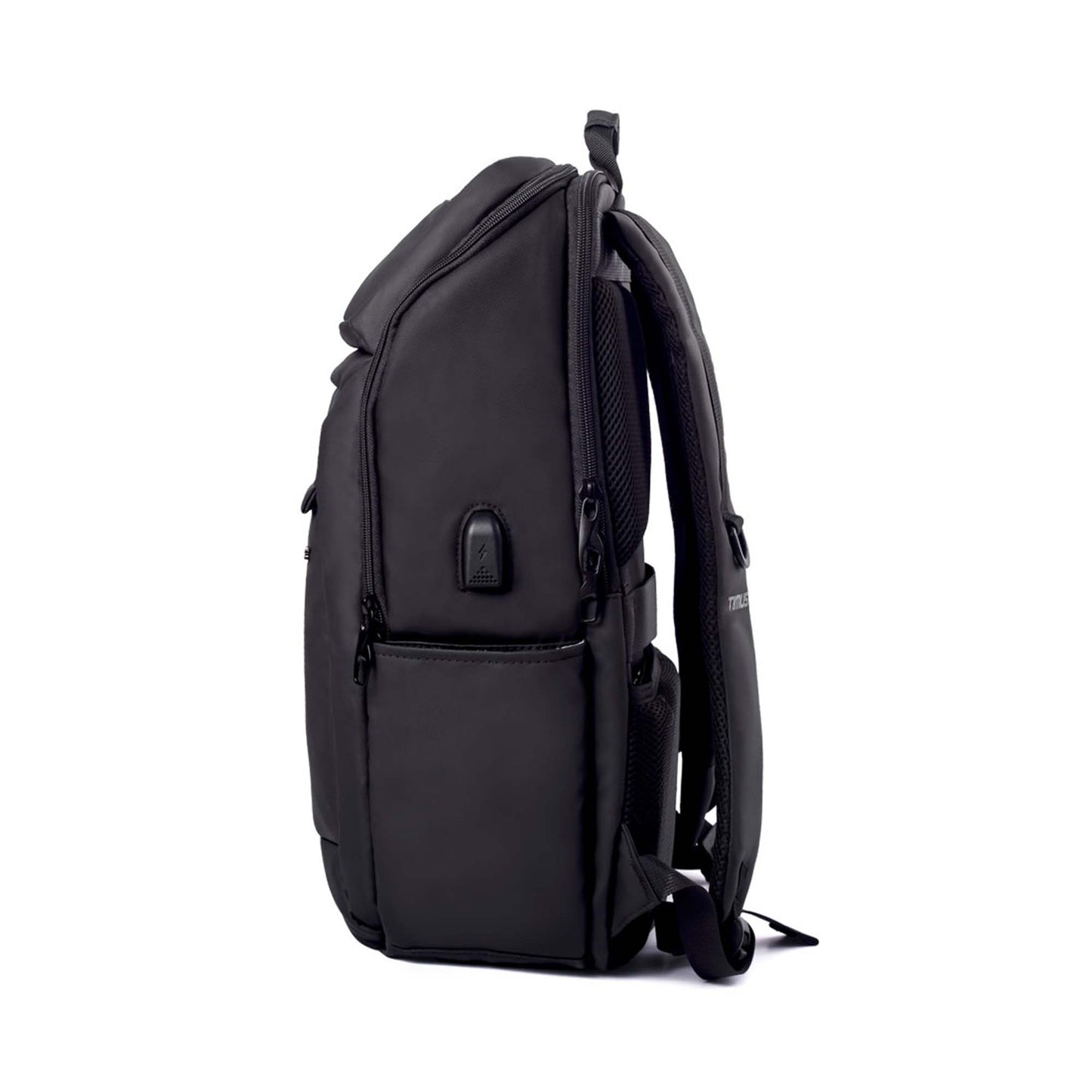 Left side view of Tokyo laptop backpack showing USB charging port, side zipper pocket, and padded back straps with TIMUS branding.
