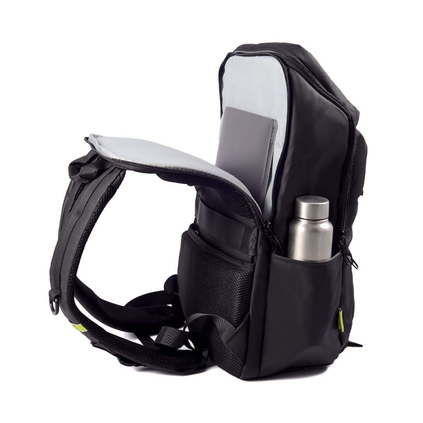 Right open view of Tokyo laptop backpack showing spacious main compartment with padded laptop sleeve and side pocket holding a metal water bottle. Backpack shoulder straps and zipper fully visible.