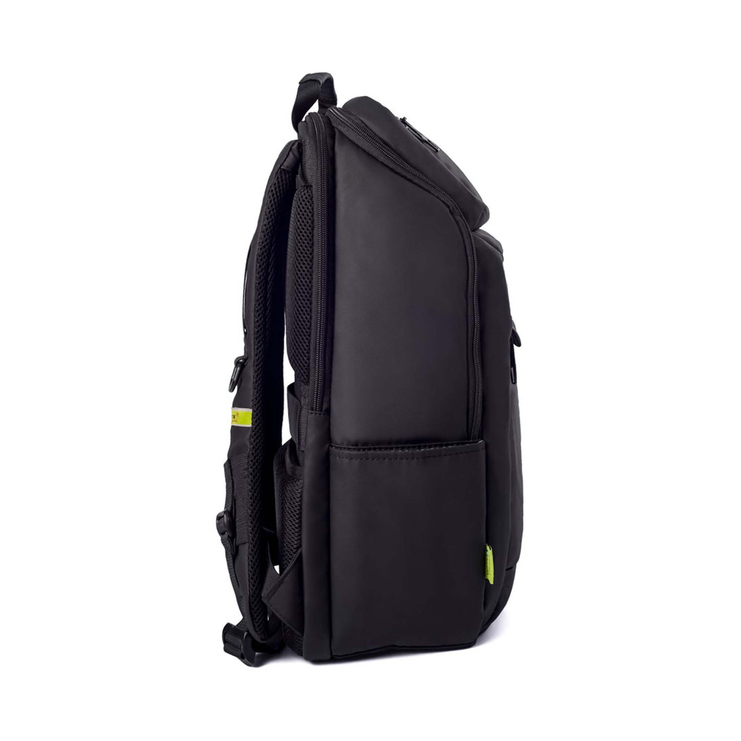 Right side view of Tokyo laptop backpack displaying a side zipper pocket, padded back panel, and shoulder straps with branding labels.