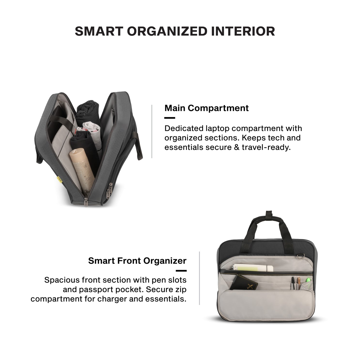 Timus Prestige laptop briefcase interior layout – padded laptop compartment with file organizer 2