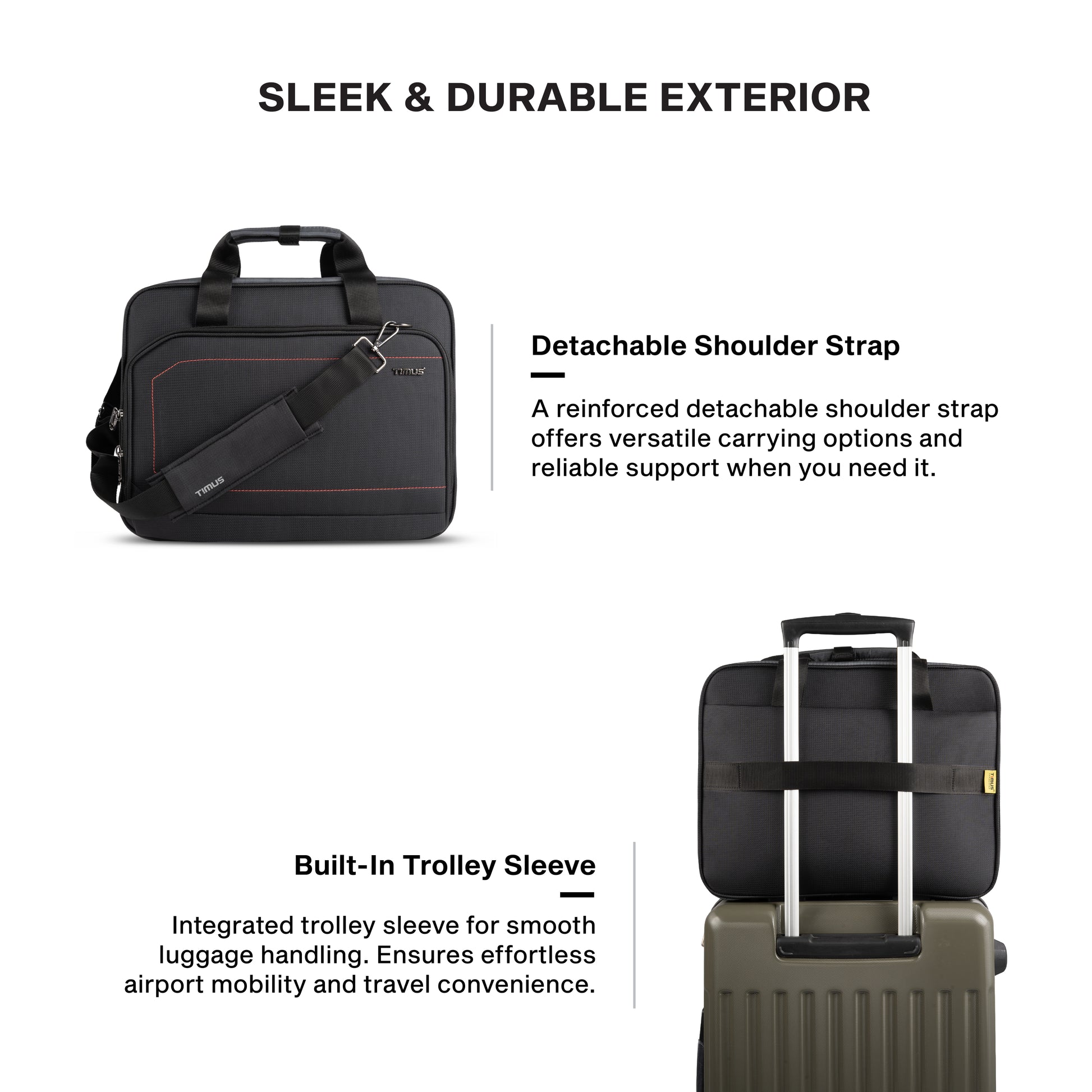 Timus Prestige water resistant laptop briefcase features – detachable shoulder strap and premium carry handles 02