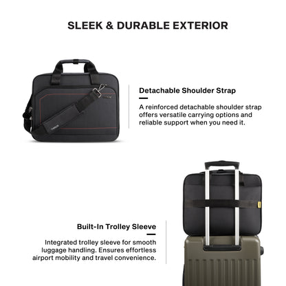 Timus Prestige water resistant laptop briefcase features – detachable shoulder strap and premium carry handles 02