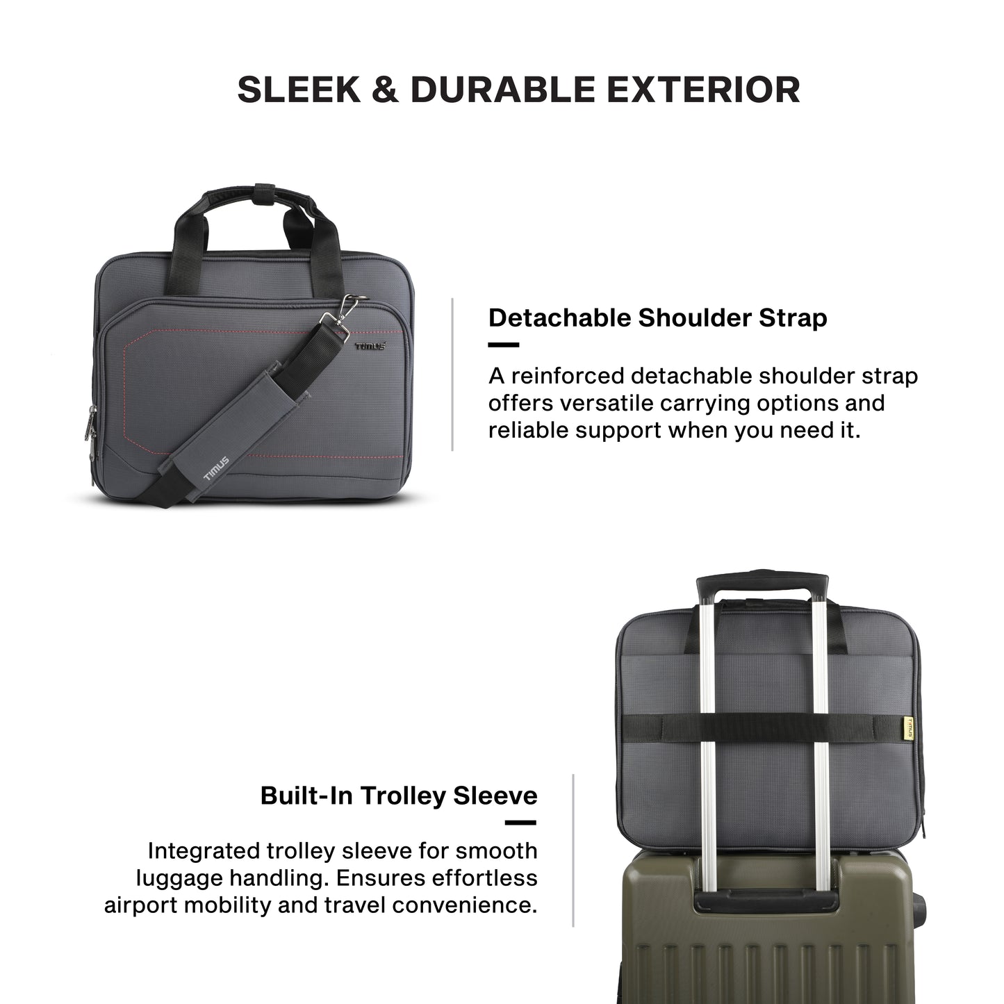 Timus Prestige water resistant laptop briefcase features – detachable shoulder strap and premium carry handles 33