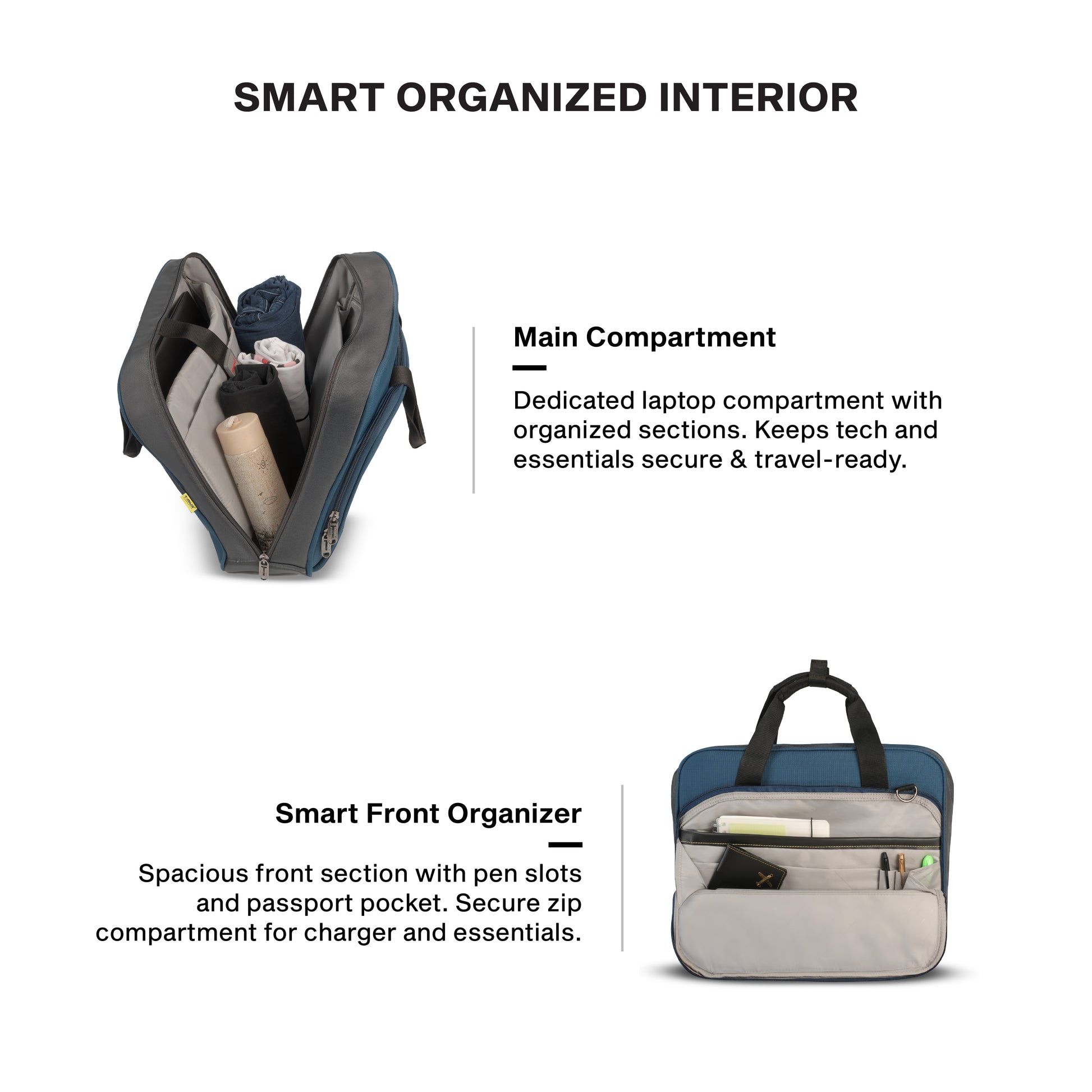 Timus Prestige laptop briefcase interior layout – padded laptop compartment with file organizer
