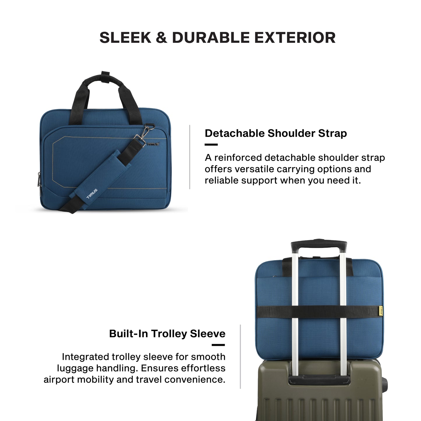 Timus Prestige water resistant laptop briefcase features – detachable shoulder strap and premium carry handles