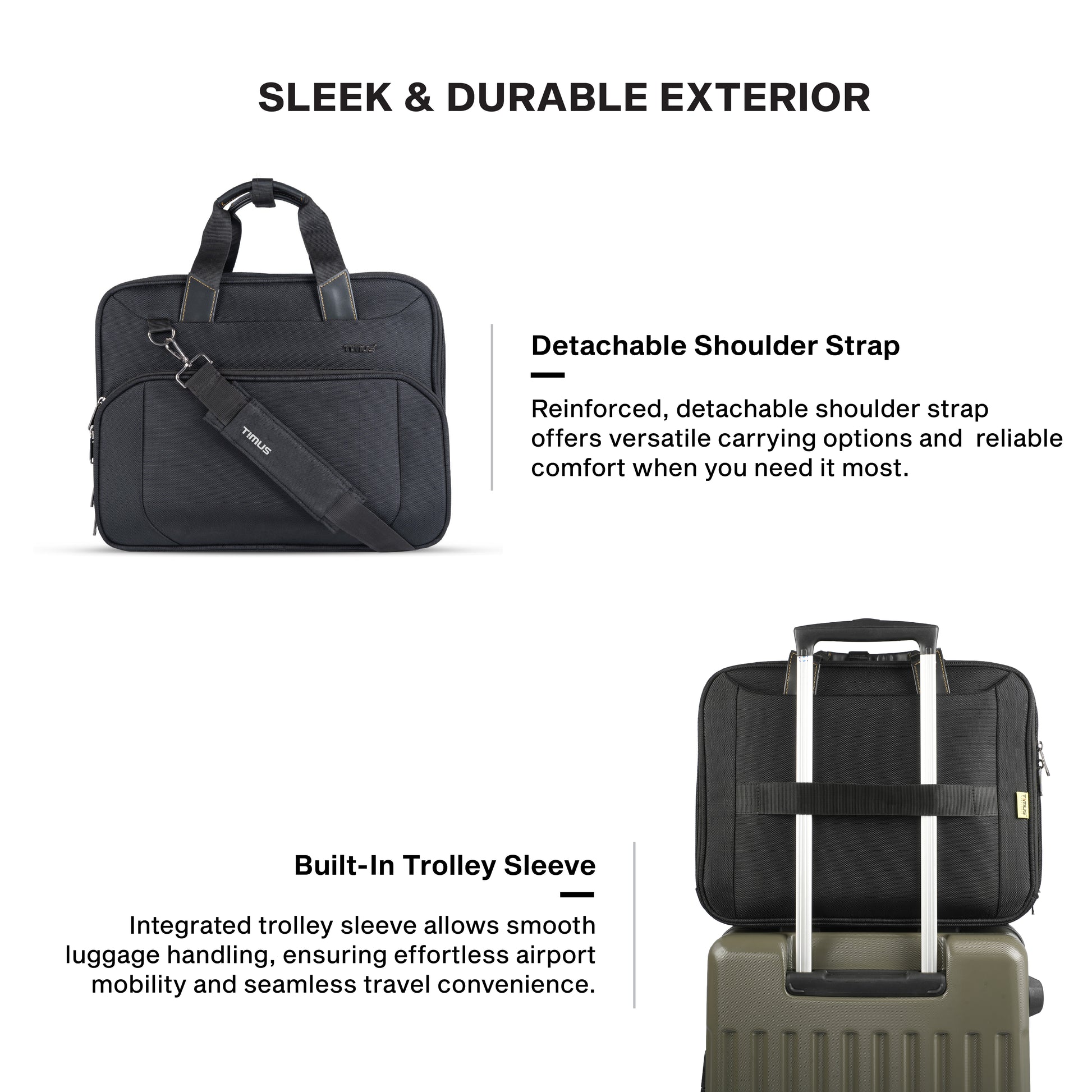 Timus Orbit water resistant laptop briefcase features – detachable shoulder strap and sturdy carry handles03