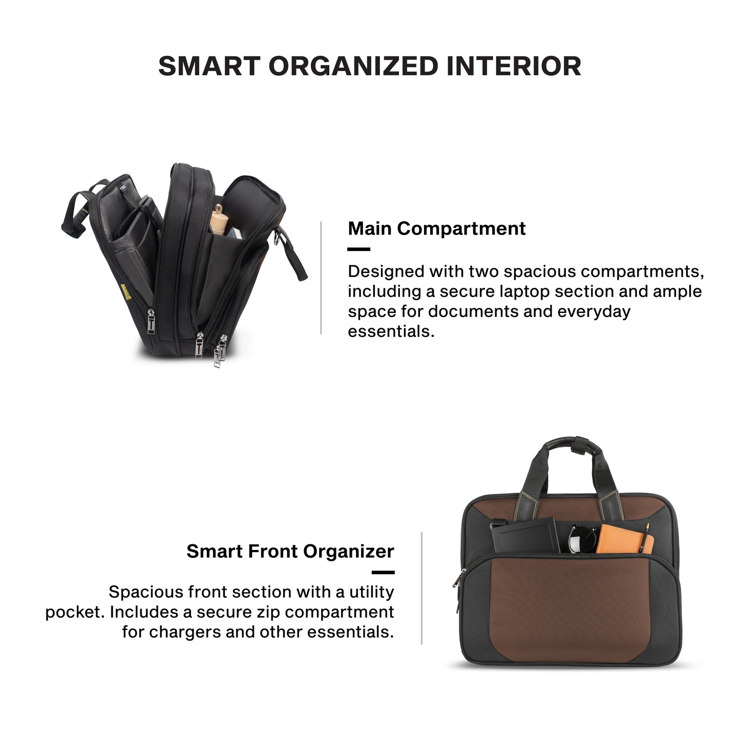 Timus Orbit laptop briefcase interior layout – padded laptop compartment with document organizer