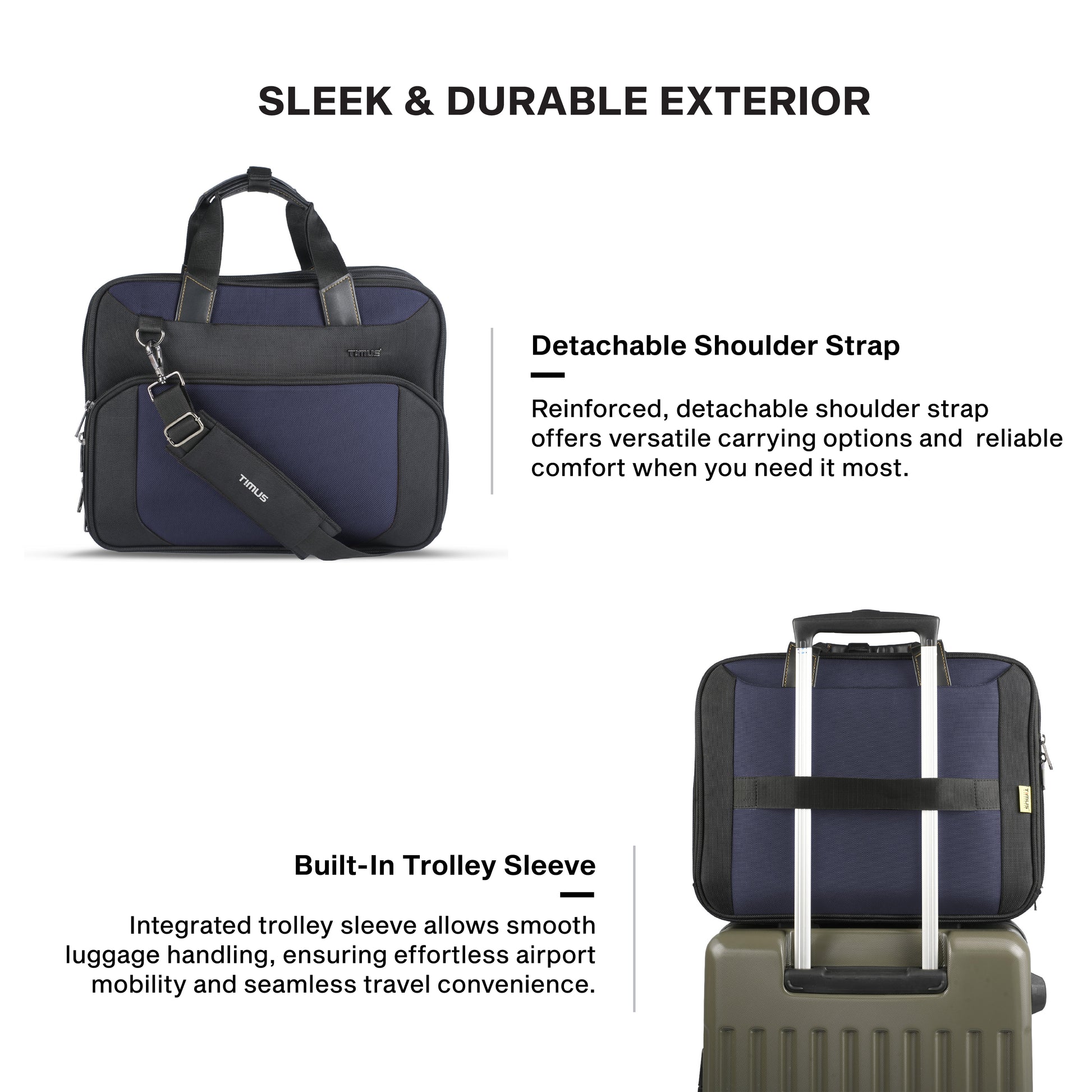 Timus Orbit water resistant laptop briefcase features – detachable shoulder strap and sturdy carry handles023