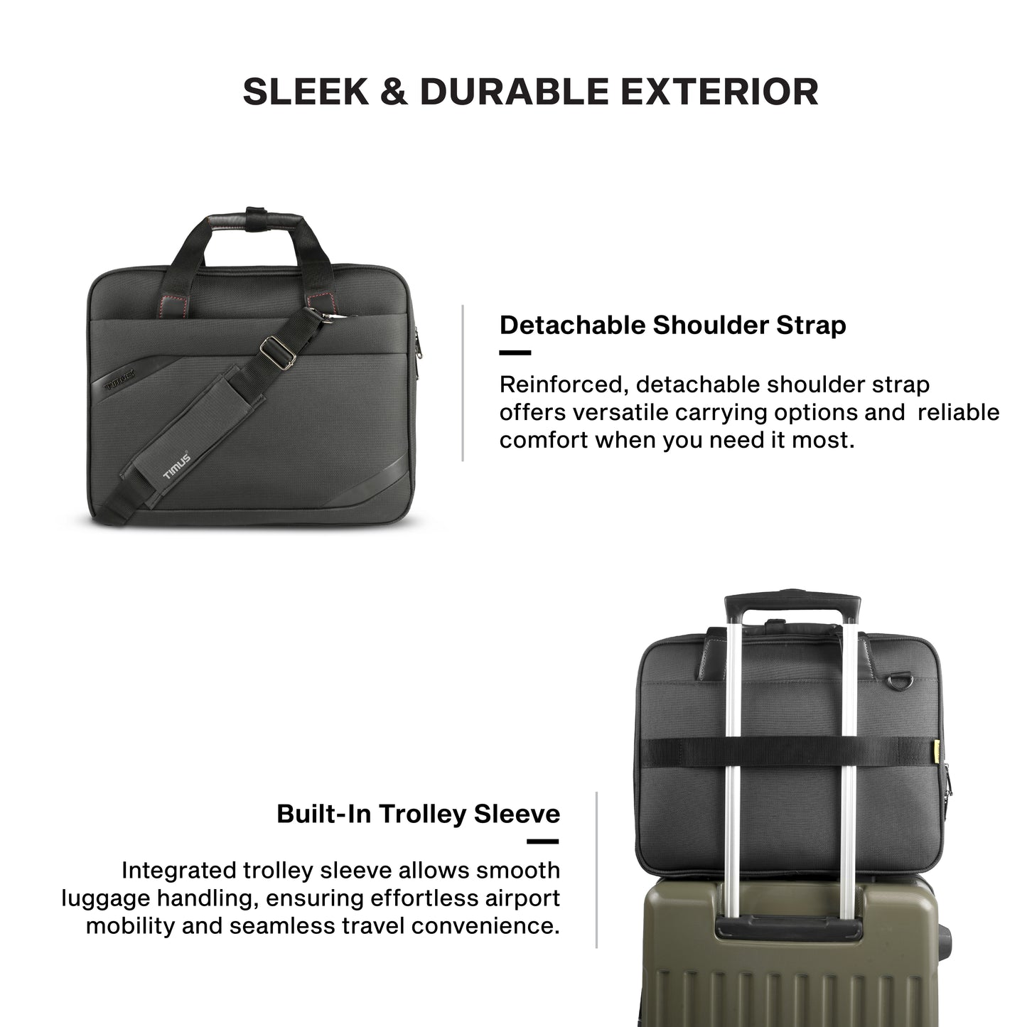 Timus Aero water resistant laptop briefcase features – detachable shoulder strap and sturdy carry handles02
