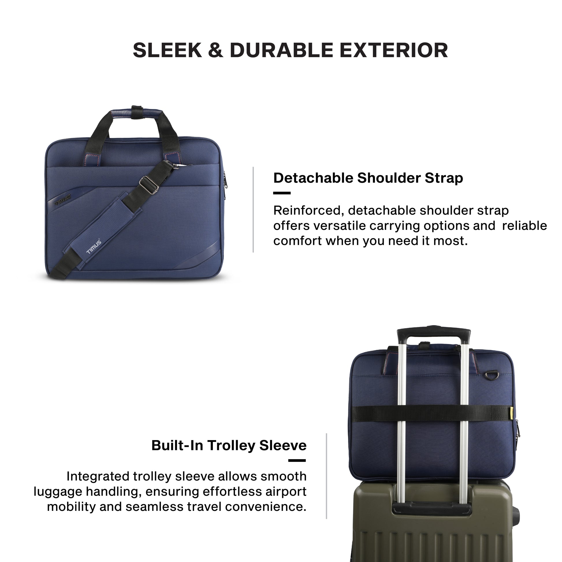 Timus Aero water resistant laptop briefcase features – detachable shoulder strap and sturdy carry handles 03